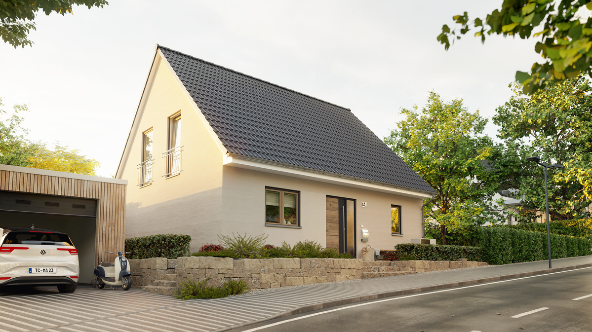 Flair 134 mit Satteldach, Sicht auf das Familienhaus von der Straße.