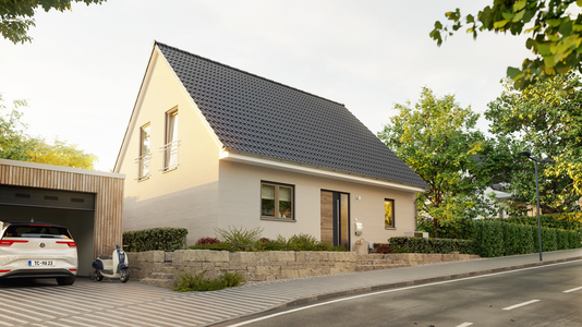 Flair 134 mit Satteldach, Sicht auf das Familienhaus von der Straße.