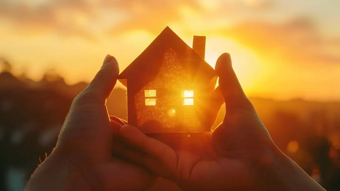 Hände halten ein Hausmodell im warmen Sonnenlicht