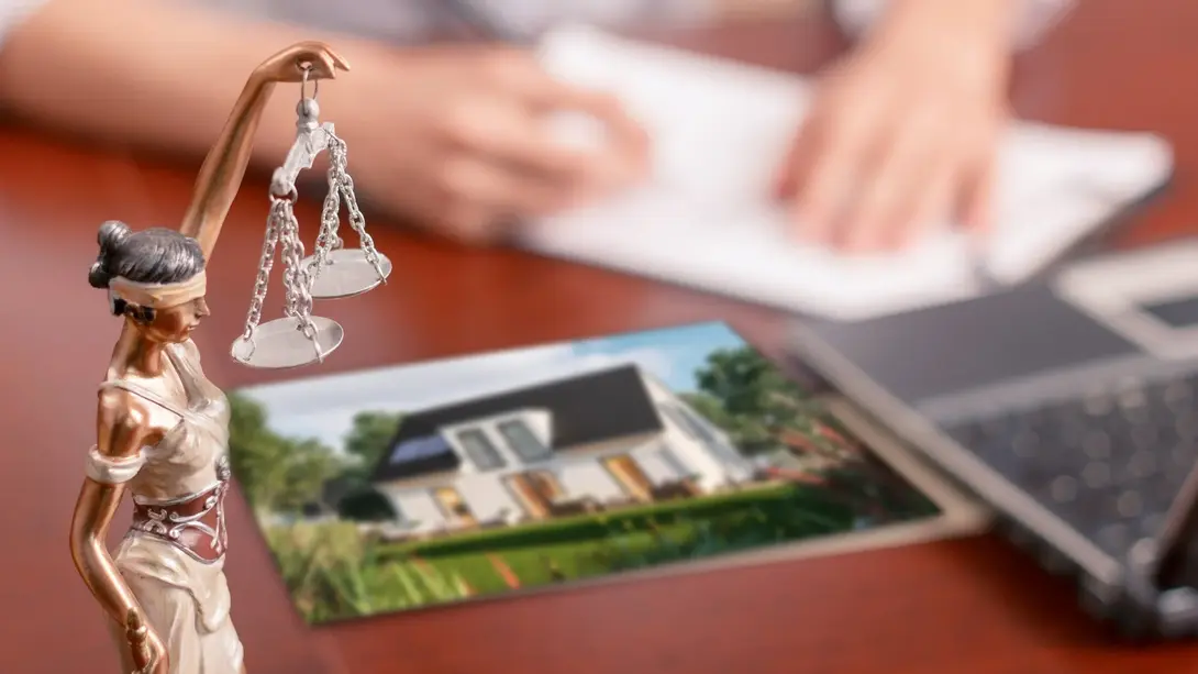 Rechtliche Rahmenbedingungen beim Hausbau Justitia-Figur neben Hausfoto, Laptop und Unterlagen als Symbol für rechtliche Aspekte beim Hausbau