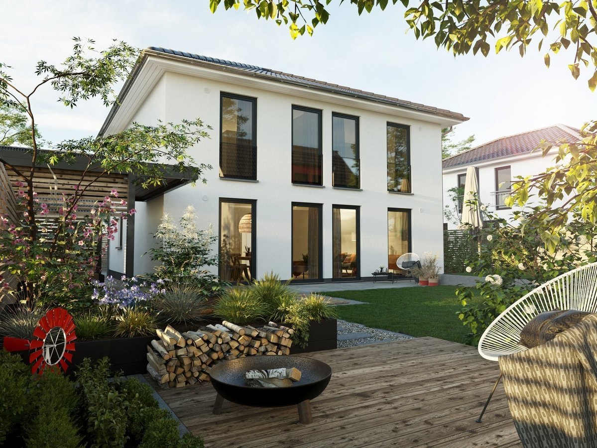 Moderne Stadtvilla mit Flachdach und großzügiger Gartenterrasse