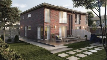 Modernes Klinkerhaus mit Terrasse Zweigeschossiges Wohnhaus mit roter Klinkerfassade, Terrasse und Garten