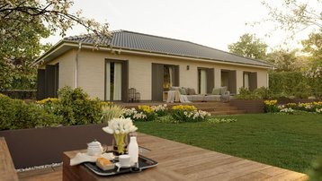 Moderner Bungalow mit Walmdach, Gartenterrasse und gepflegter Grünanlage