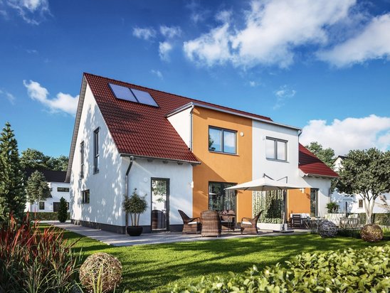 Modernes Einfamilienhaus mit rotem Satteldach Modernes Einfamilienhaus mit rotem Satteldach, heller Fassade, Terrasse und gepflegtem Garten.