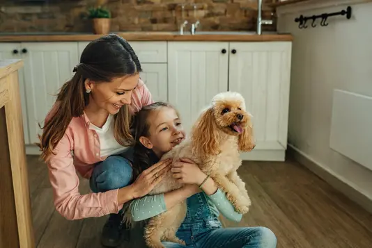hund-mit-familie-in-der-kueche