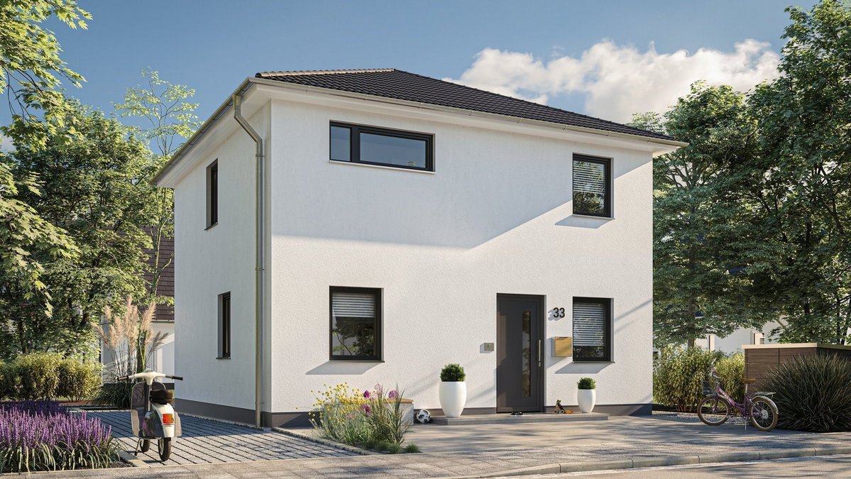 Modernes zweigeschossiges Einfamilienhaus mit weißer Fassade und Walmdach