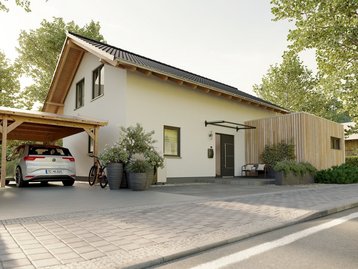 Modernes Einfamilienhaus mit Carport Modernes Einfamilienhaus mit Satteldach, Carport, Einfahrt und Holzfassadenakzenten.