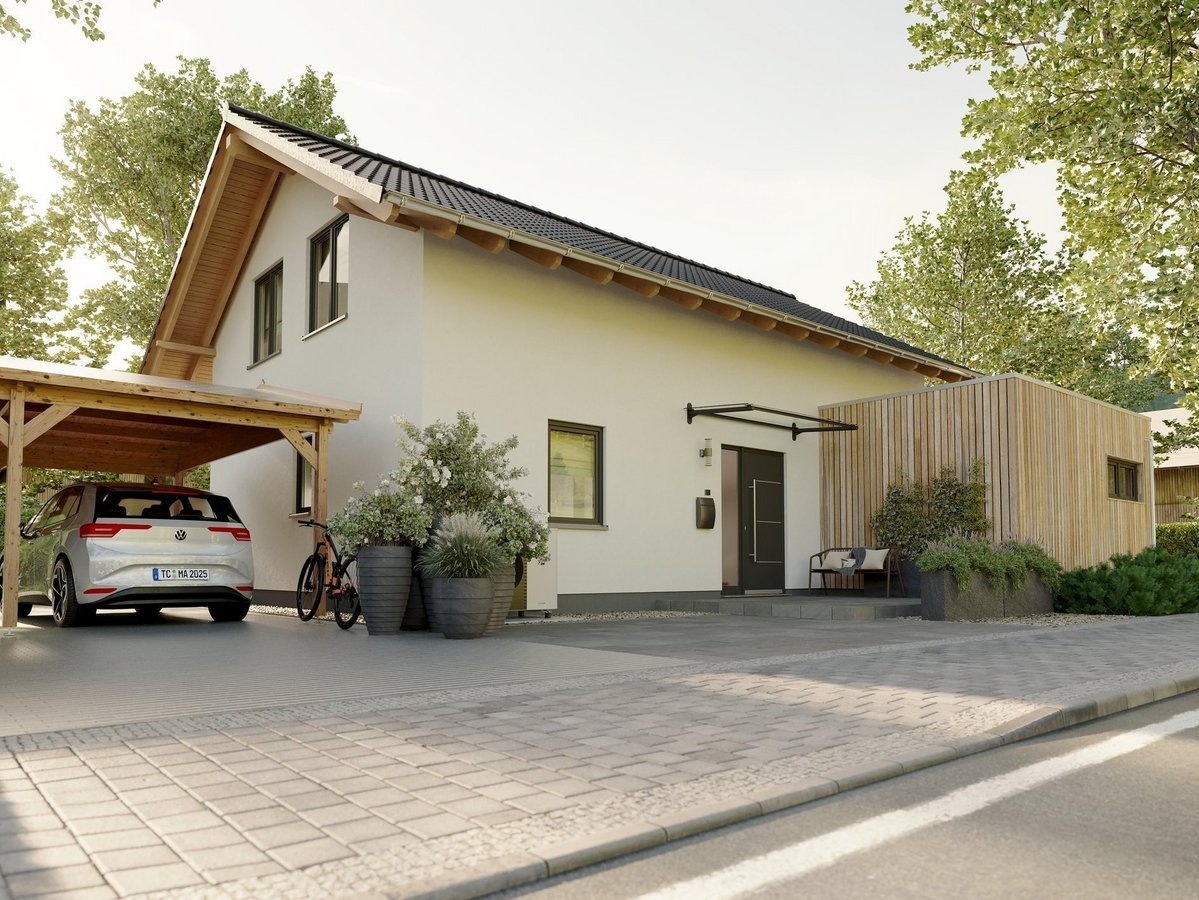 Modernes Einfamilienhaus mit Satteldach, Carport, Einfahrt und Holzfassadenakzenten.