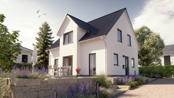 Modernes Einfamilienhaus mit Satteldach, Terrasse und bepflanztem Vorgarten