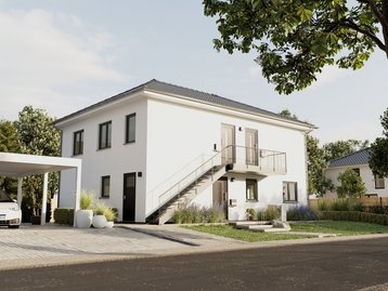 Modernes zweigeschossiges Mehrfamilienhaus mit Balkon, Außentreppe und Stellplätzen in ruhiger Wohnlage.