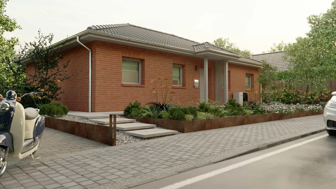 Moderner Klinkerbungalow mit Garten Ebenerdiger Bungalow mit roter Klinkerfassade und gepflegtem Vorgarten