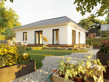 Moderner Bungalow mit sonnigem Garten Moderner Bungalow mit Walmdach, Terrasse und gepflegtem Garten in sonniger Wohnlage.