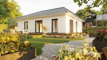 Moderner Bungalow mit Walmdach, bodentiefen Fenstern, Terrasse und gepflegtem Garten