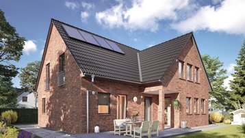 Modernes Einfamilienhaus aus rotem Klinker mit Photovoltaikanlage und Gartenterrasse