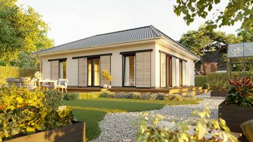 Moderner Bungalow mit Garten und Holzdetails Moderner Bungalow mit Walmdach, Terrasse, Holzläden und gepflegtem Garten in sonniger Wohnlage.