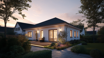 Moderner Bungalow mit Terrasse am Abend Moderner Bungalow mit Walmdach, Terrasse und beleuchtetem Garten bei Abenddämmerung