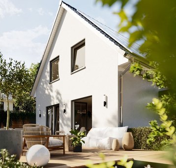 Modernes Haus mit Satteldach, heller Fassade und Terrasse im Grünen