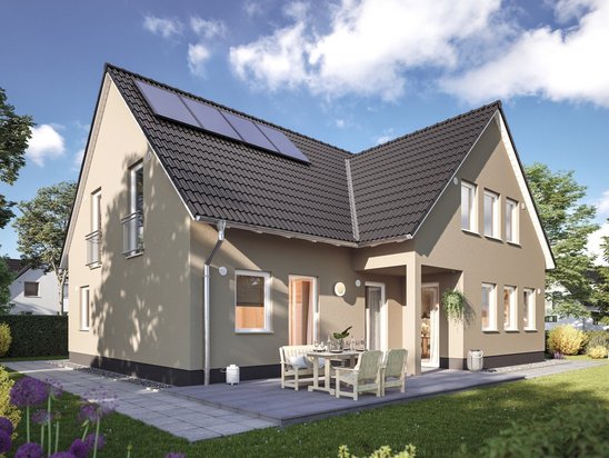 Modernes Doppelhaus mit Photovoltaikanlage Modernes Doppelhaus mit Photovoltaikanlage, Satteldach, Terrasse und Garten.
