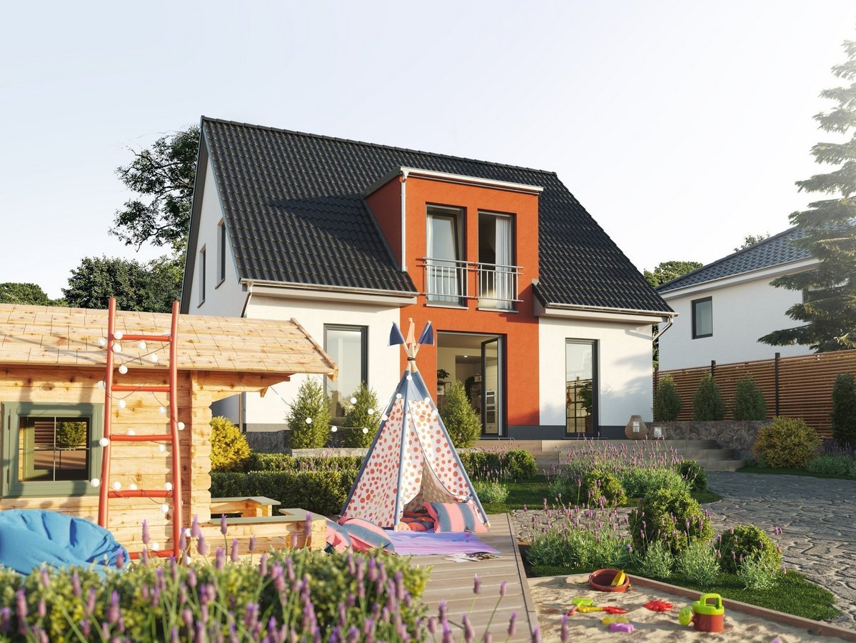 Modernes Einfamilienhaus mit dunklem Satteldach, großen Fenstern und gepflegtem Garten