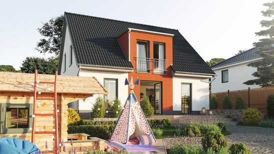 Familienhaus mit Garten und Spielbereich Modernes Einfamilienhaus mit Satteldach, farbigem Fassadenakzent und familienfreundlichem Garten mit Spielbereich