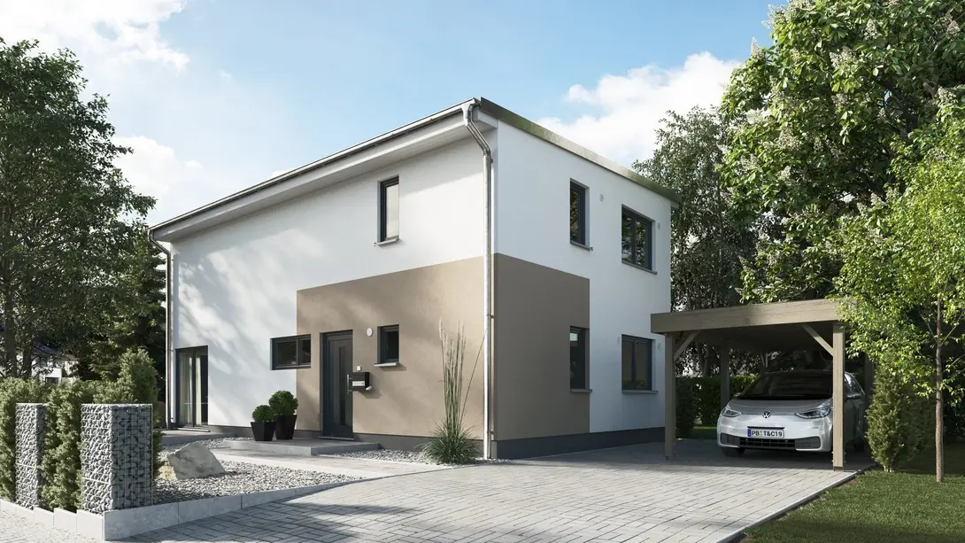 Moderne zweigeschossige Stadtvilla mit Flachdach und Carport