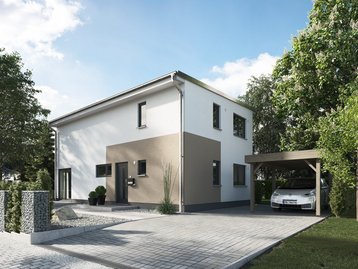 Modernes Einfamilienhaus mit Carport Modernes Einfamilienhaus mit kubischer Architektur, Einfahrt und Carport in ruhiger Wohnlage.