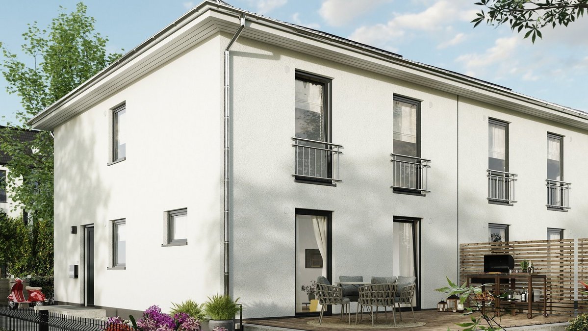 Modernes Doppelhaus mit Flachdach, Terrasse und Garten