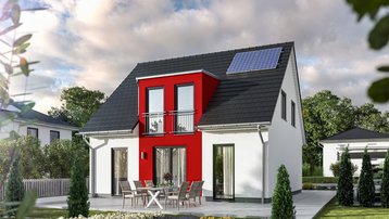 Modernes Einfamilienhaus mit Solardach und Fassadenakzent Modernes Einfamilienhaus mit rotem Fassadenakzent, Solarmodul, Terrasse und Garten.
