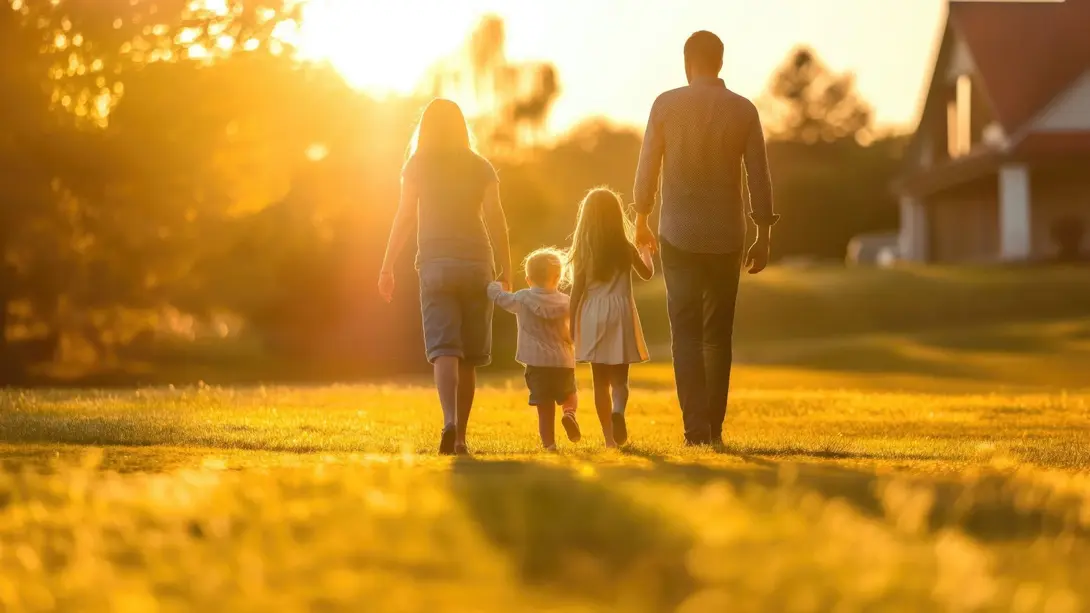 Familie auf dem Weg ins neue Zuhause Vierköpfige Familie geht bei Sonnenuntergang über eine Wiese in Richtung Wohngebiet