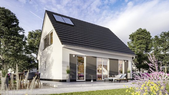 Modernes Einfamilienhaus mit Satteldach, Terrasse, Garten und Solarmodul auf dem Dach.