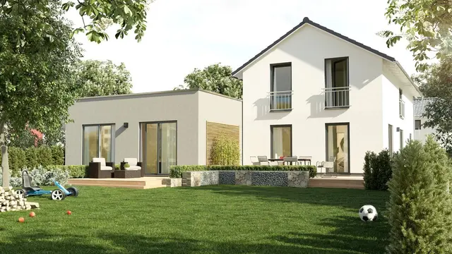 Modernes Einfamilienhaus mit Anbau, großer Terrasse und Garten in familienfreundlicher Wohnlage.