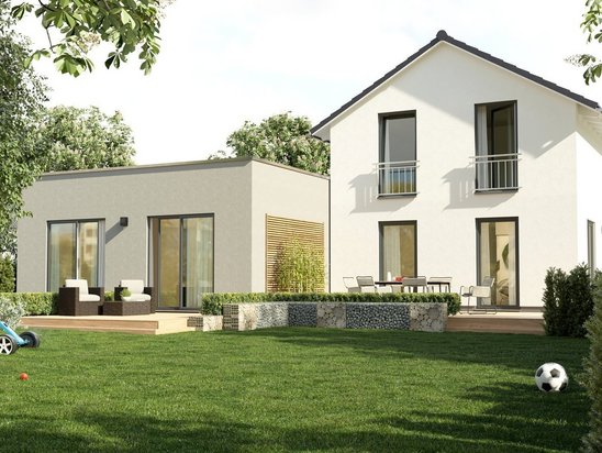 Familienhaus mit Anbau und Garten Modernes Einfamilienhaus mit Anbau, Satteldach und großem Garten
