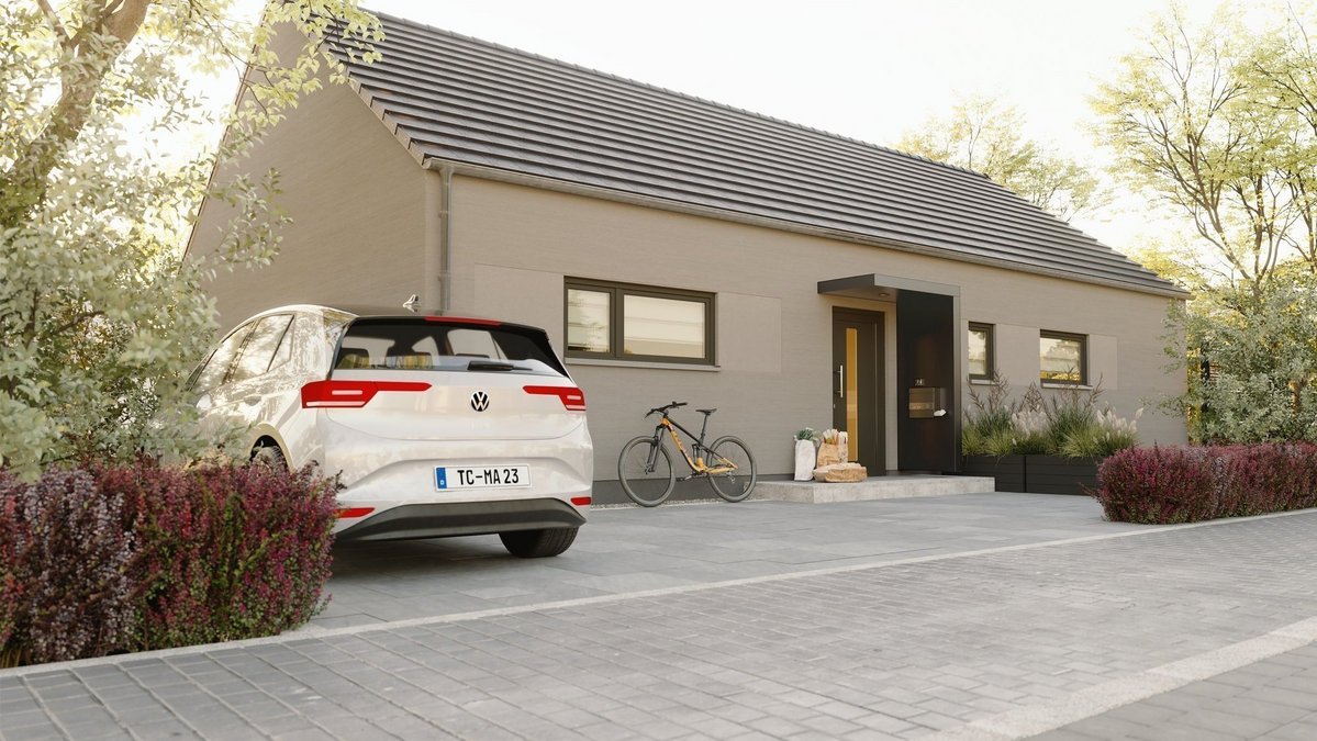 Moderner grauer Bungalow mit Satteldach und überdachtem Hauseingang