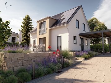 Modernes Einfamilienhaus mit Carport und Garten Modernes Einfamilienhaus mit Satteldach, Terrasse, Carport und naturnah gestaltetem Vorgarten.