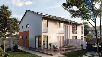 Modernes Doppelhaus mit Terrasse und Garten Modernes Doppelhaus mit Terrasse, Garten, separaten Wohnbereichen und rotem Fassadenakzent.