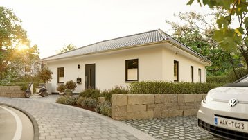 Moderner Bungalow mit Walmdach und Natursteinmauer Moderner weißer Bungalow mit Walmdach und gepflegtem Vorgarten