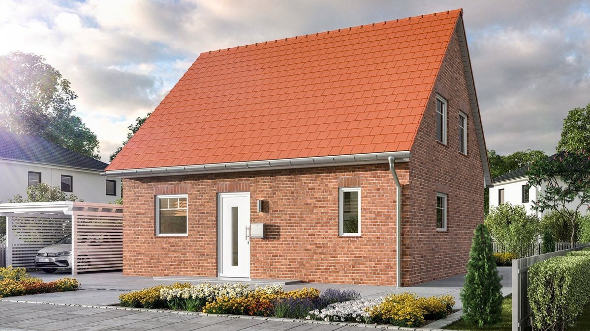 Modernes Einfamilienhaus mit rotem Satteldach, Klinkerfassade, Carport und Vorgarten.