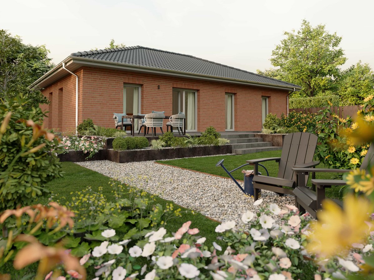 Moderner Bungalow mit Walmdach, Terrasse und gepflegtem Garten mit Kiesweg.