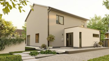 Modernes zweigeschossiges Einfamilienhaus mit hellem Anbau und gepflegtem Vorgarten