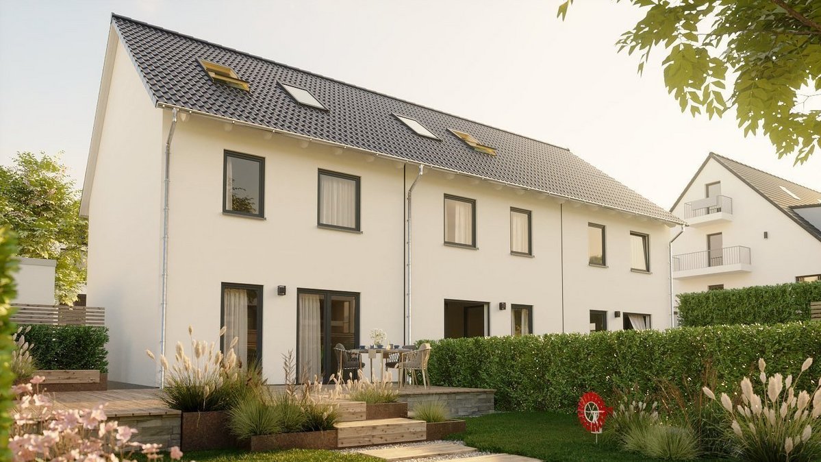 Modernes Reihenhaus mit Garten, Terrasse und Satteldach in gepflegter Wohnsiedlung