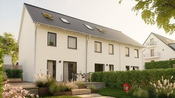 Modernes Reihenhaus mit Garten, Terrasse und Satteldach in gepflegter Wohnsiedlung