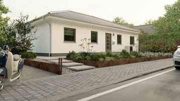 Moderner weißer Bungalow mit Walmdach und bepflanztem Vorgarten