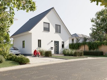Modernes weißes Einfamilienhaus mit Satteldach, Vorgarten und ruhiger Wohnstraße.