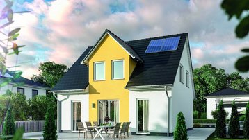 Visualisierung eines modernen Einfamilienhauses mit gelber Fassade, Satteldach und Solaranlage