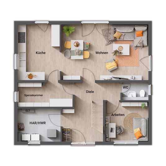Flair 134 Erdgeschoss Grundrissvariante 4 mit zentralem Antritt Erdgeschoss des Flair 134 mit Antritt aus der Geschossmitte und großzügiger Garderobe.