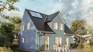 Modernes Einfamilienhaus mit blauer Holzfassade Modernes Einfamilienhaus mit blauer Holzfassade, Satteldach, Solarmodul, Terrasse und Garten.