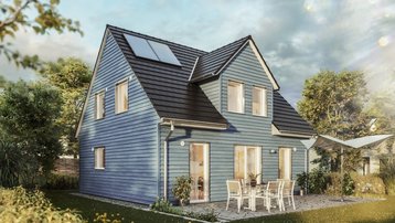 Modernes Einfamilienhaus mit blauer Holzfassade, Giebeldach und Solarkollektoren