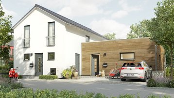 Modernes Einfamilienhaus mit Satteldach und angebautem Gebäudeteil mit Holzfassade