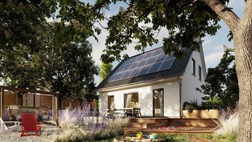 Modernes Einfamilienhaus mit Photovoltaikanlage Modernes weißes Einfamilienhaus mit Satteldach und Photovoltaikanlage