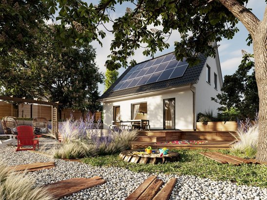 Nachhaltiges Einfamilienhaus mit Photovoltaik Modernes Einfamilienhaus mit Photovoltaikanlage, Terrasse und naturnah gestaltetem Garten.